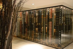Wine bottles hanging on a glass wall