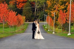 fall wedding with red trees on driveway