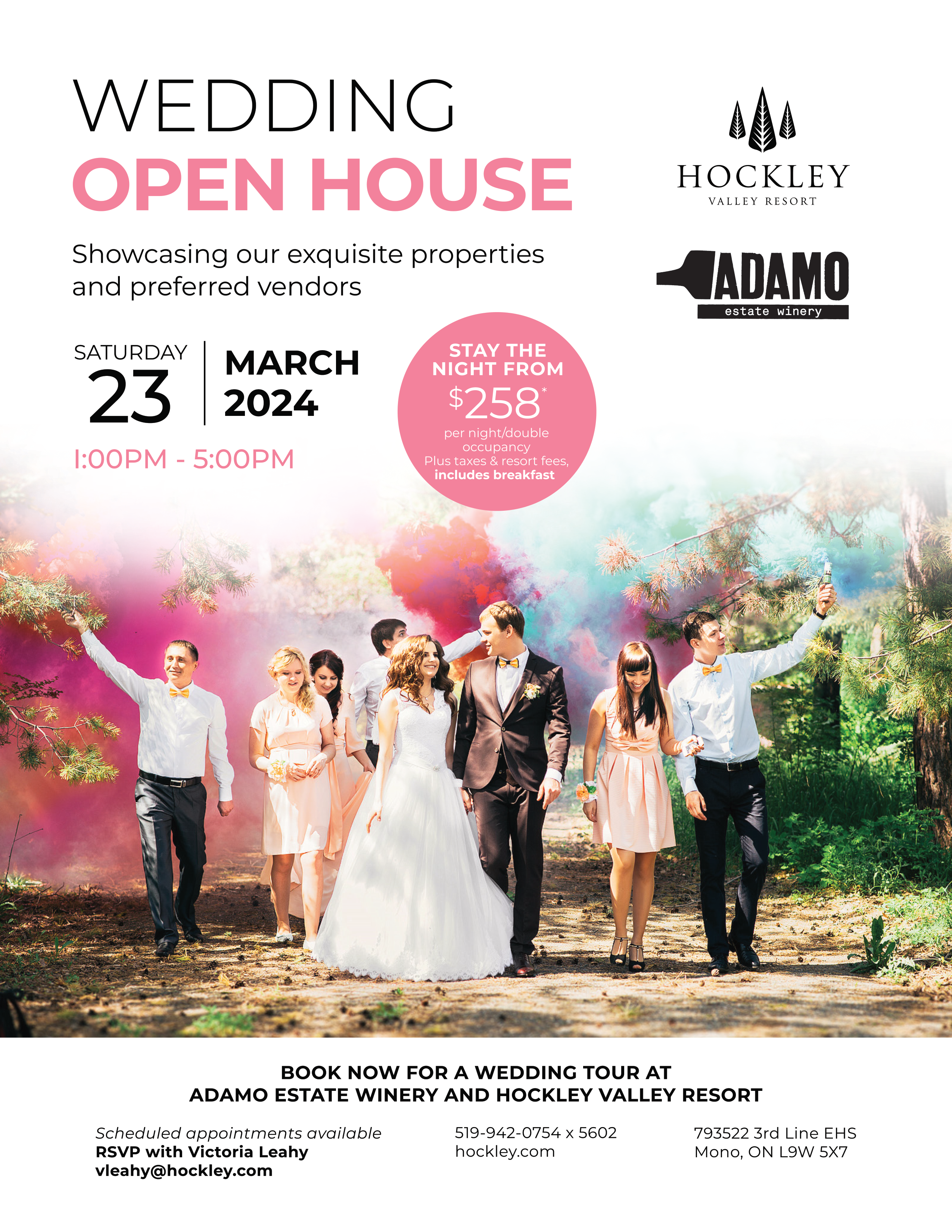 wedding open house flyer, bridal party walking and posing